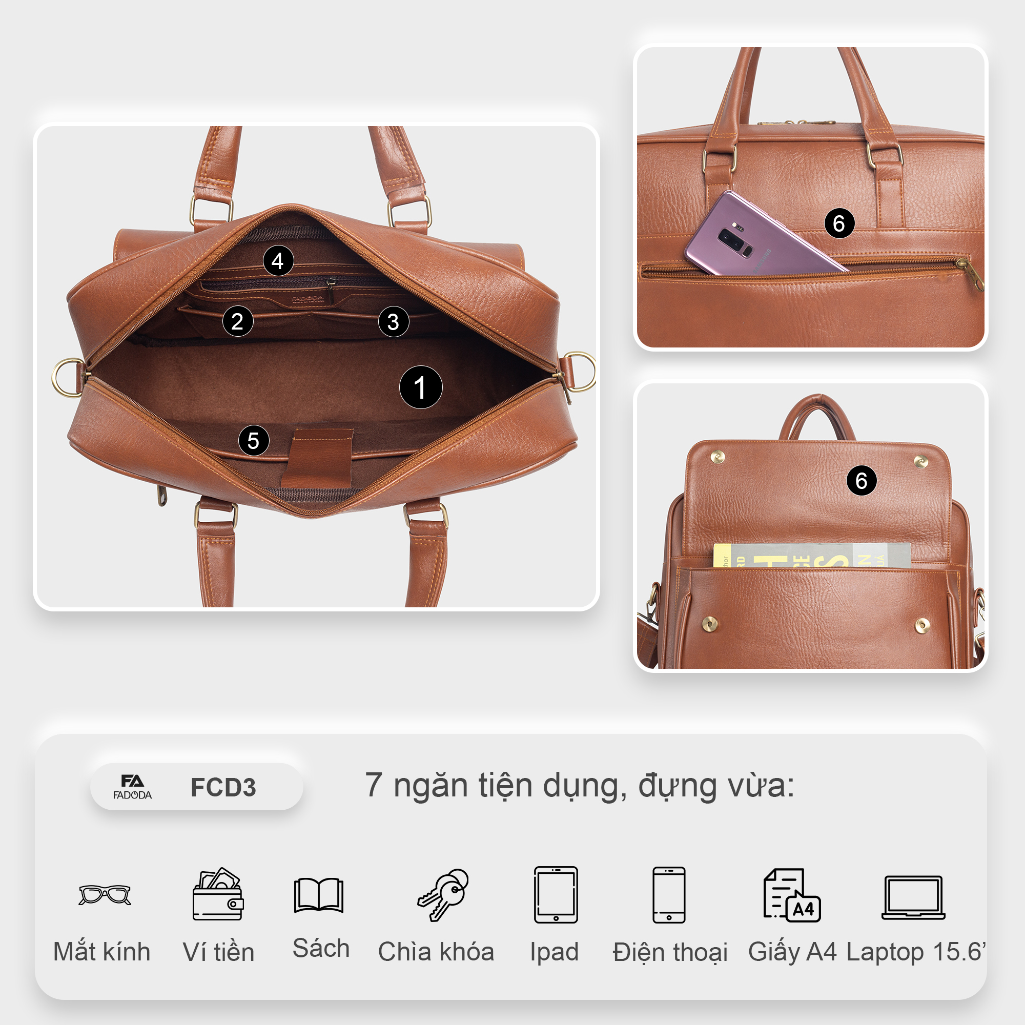 Cặp da nam công sở đa năng Fadoda FCD3