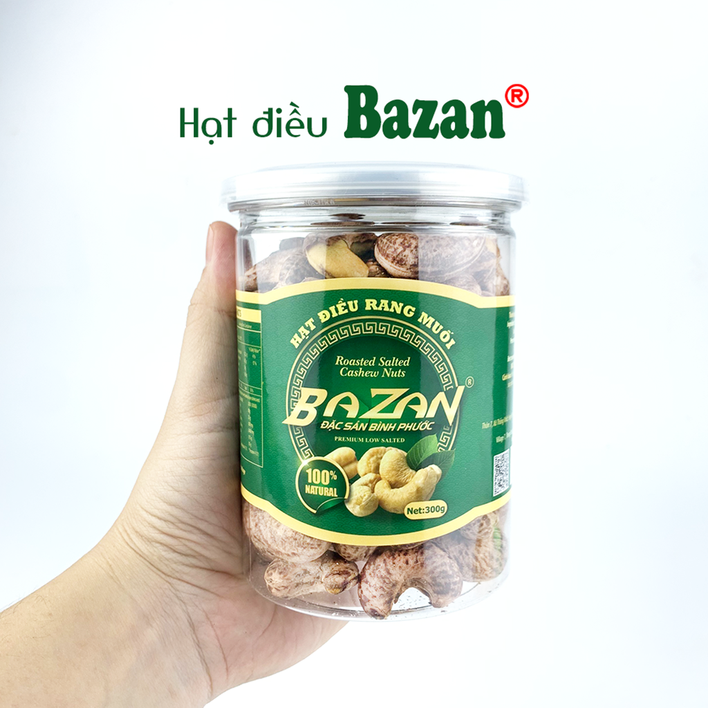 Hạt điều rang muối Bazan Bình Phước nguyên hạt dinh dưỡng A+ loại 1 hộp 300g nắp bật còn vỏ lụa