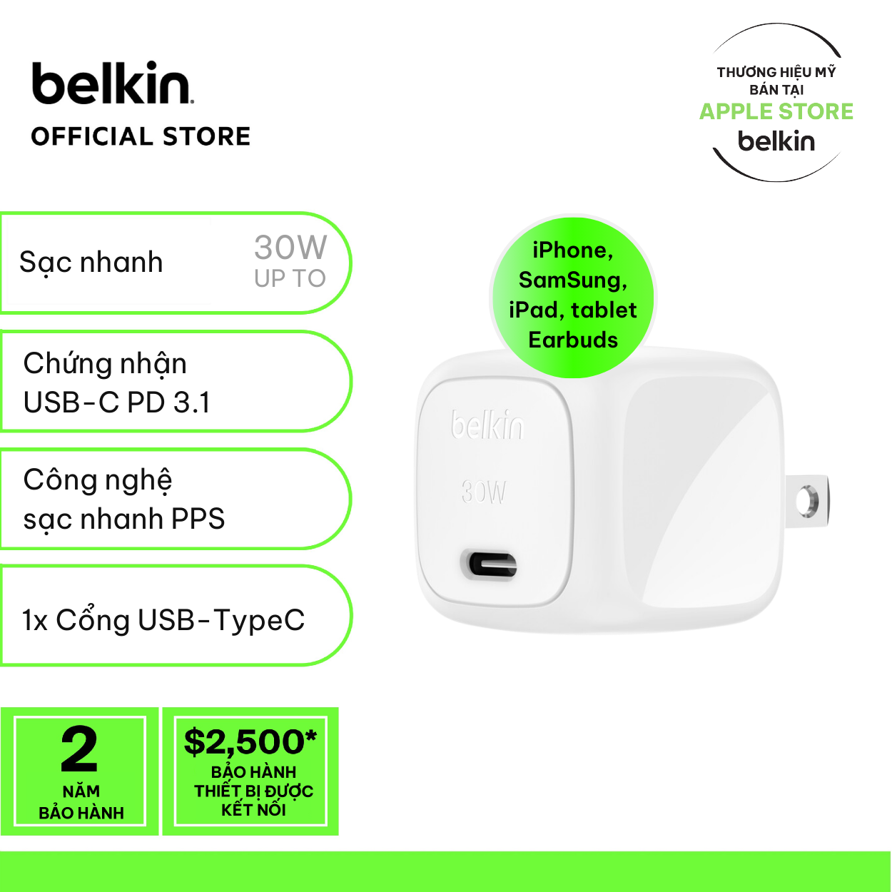 Củ sạc nhanh 30W Belkin USB-C PD PPS Cubic Wall Charger màu trắng - Hàng chính hãng