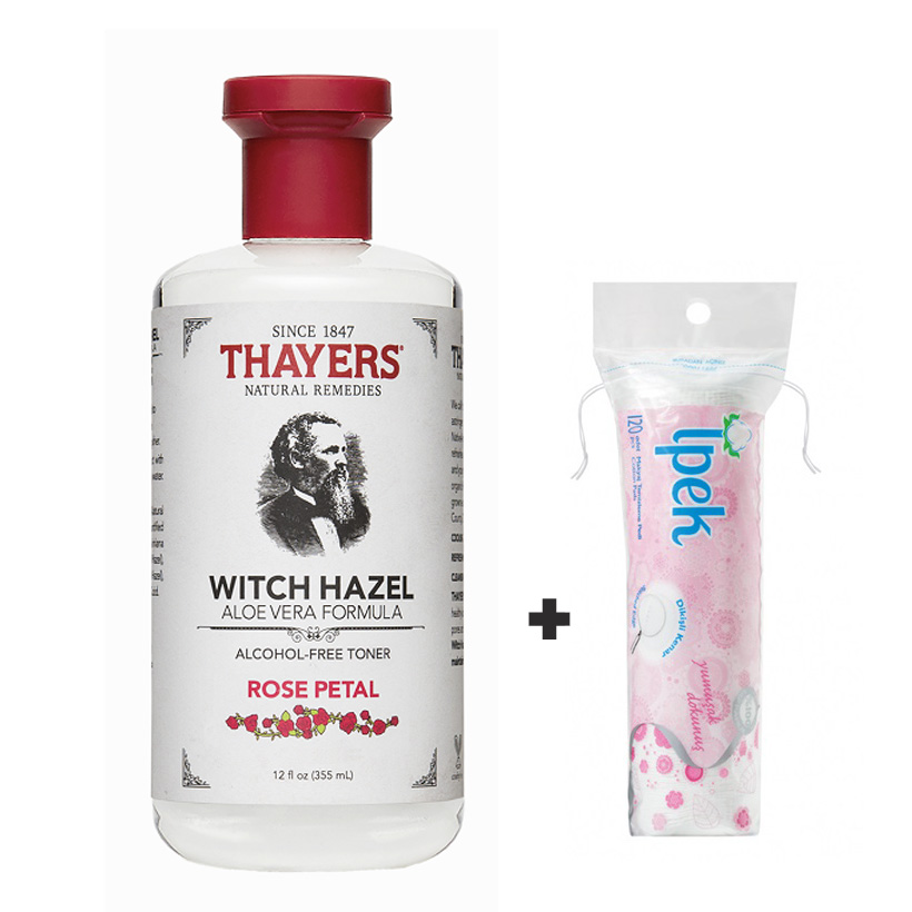 Nước hoa hồng THAYERS Alcohol-Free Witch Hazel Toner - Rose Petal 355ml + Tặng Túi Bông tẩy trang Ipek 80 miếng