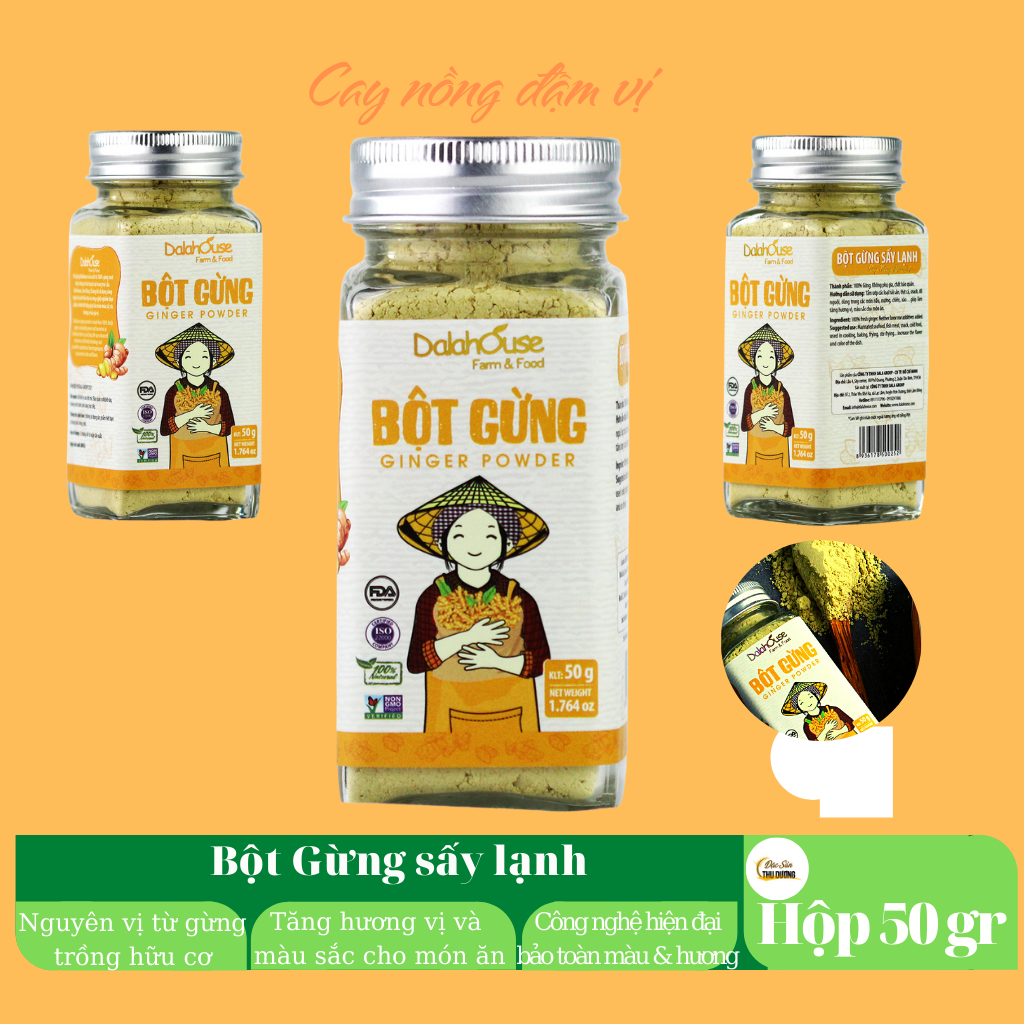 Bột gừng hữu cơ sấy lạnh Dalahouse 50gr - Nguyên màu, nguyên mùi, nguyên vị - Tiện dụng, không tốn công bóc vỏ, giã đập, say nghiền, rửa đồ nghề chế biến