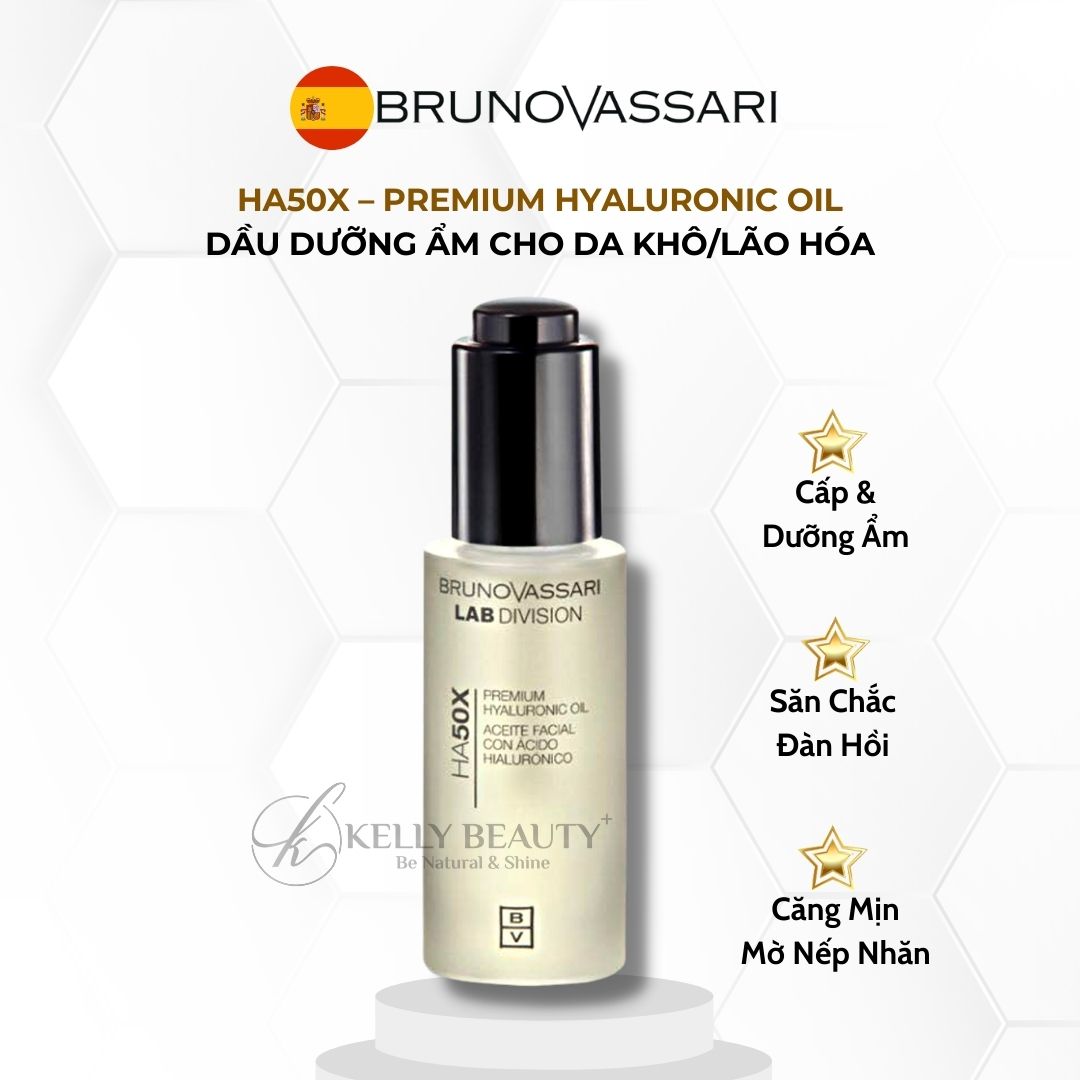 Dầu Dưỡng Ẩm Sâu Cho Da Lão Hóa Bruno Vassari HA50X Premium Hyaluronic Oil - Cấp Ẩm Đa Tầng, Săn Chắc Da | Kelly Beauty