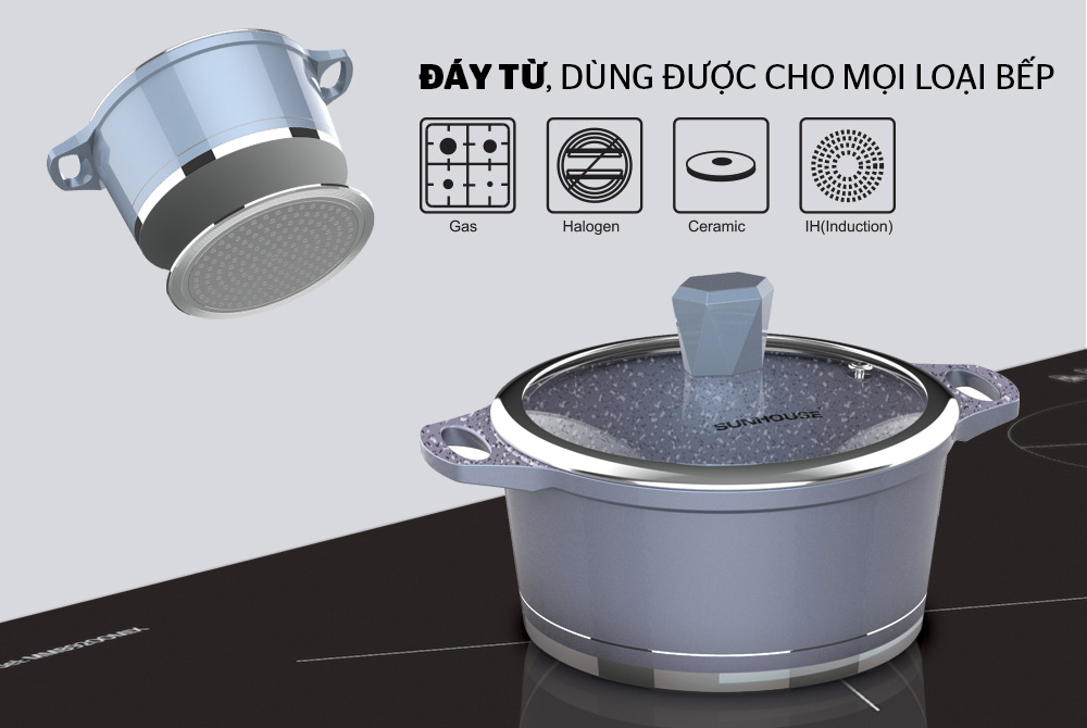 Bộ nồi quánh vân đá đáy từ SUNHOUSE SHG2003MMA - Dùng được mọi loại bếp - Bộ sản phẩm 2 nồi kích thước 20,24 cm và 1 quánh 16 cm