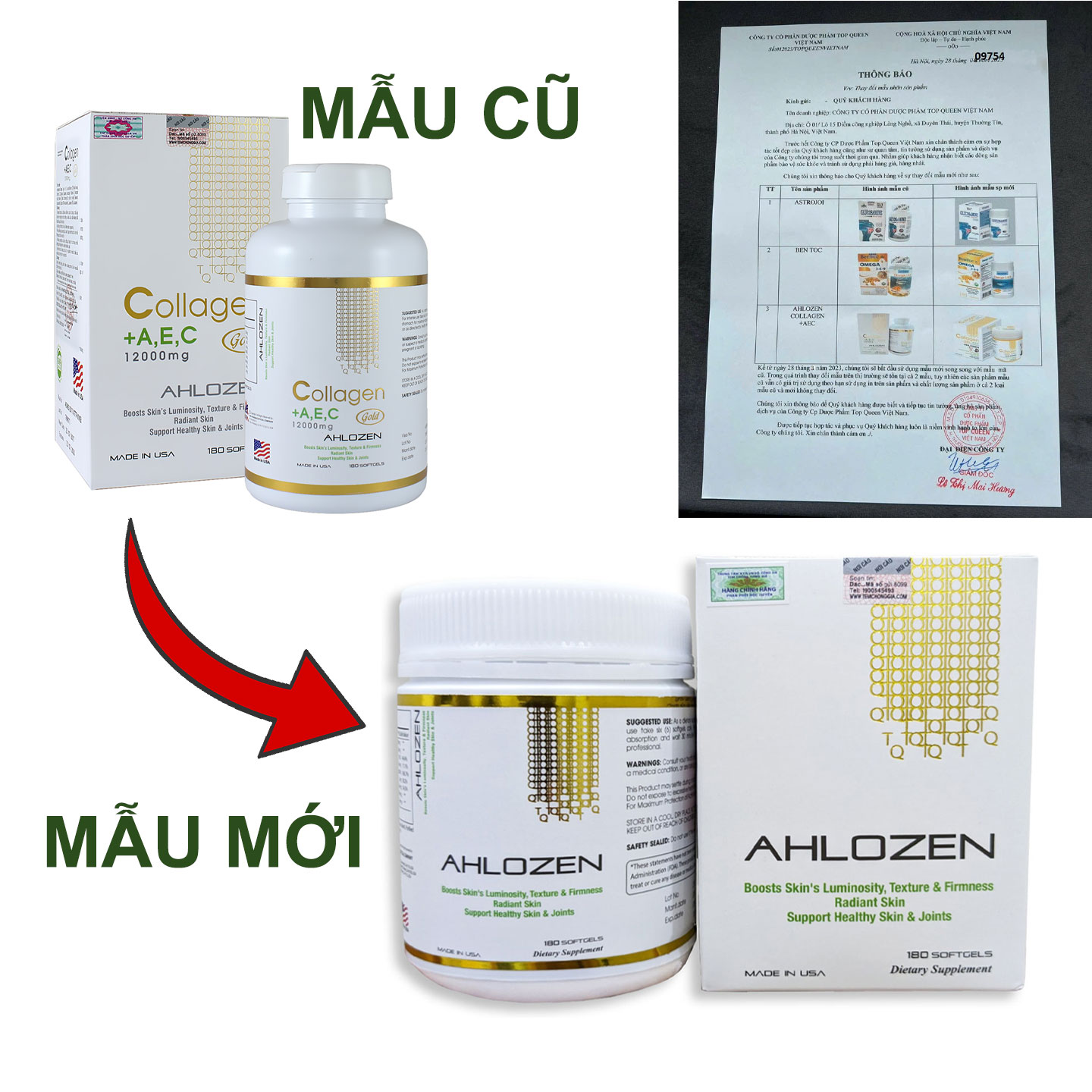 Viên uống Collagen + AEC Gold Ahlozen của Mỹ đẹp da, mờ thâm nám vết nhăn