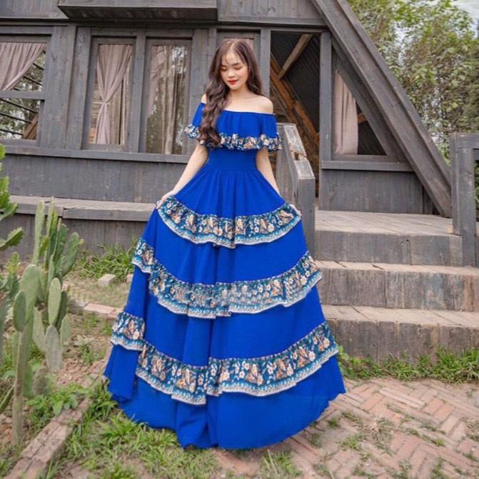 Đầm Maxi Đi Biển SAVVY Dress Đầm nữ Dáng Xòe Bẹt Vai Phối Hoa thổ cẩm