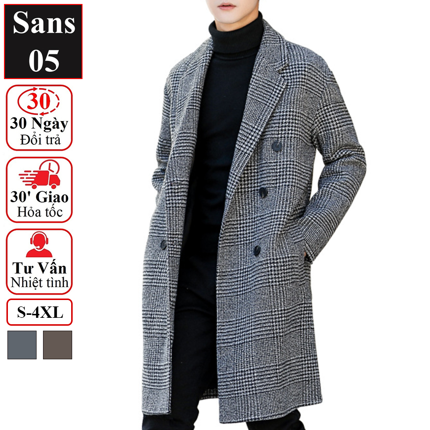 Hình ảnh Áo khoác nam dáng dài Sans05 blazer kẻ caro rộng măng tô dạ hàn quốc choàng ngoài big size to lớn 3xl 4xl 90kg 100kg