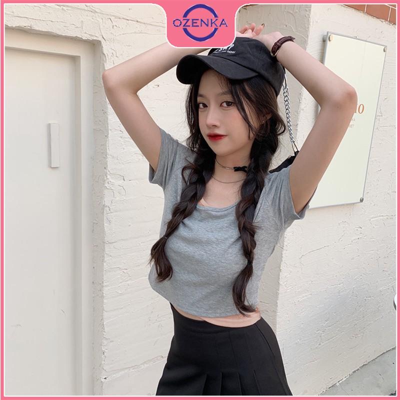 Áo croptop cổ vuông tay ngắn nữ ôm body cải màu xinh xắn chất thun gân cotton 100% nhiều màu một size dưới 50 kg