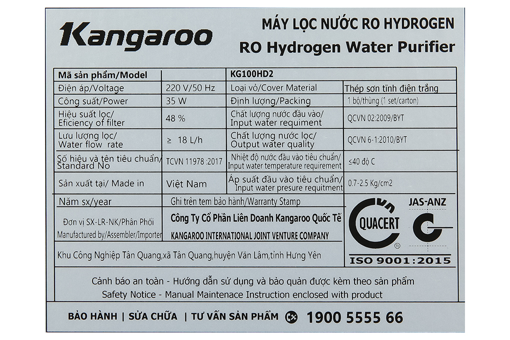 Máy Lọc Nước RO Hydrogen Slim Duo 2 Kangaroo KG100HD2 8 lõi - Hàng Chính Hãng