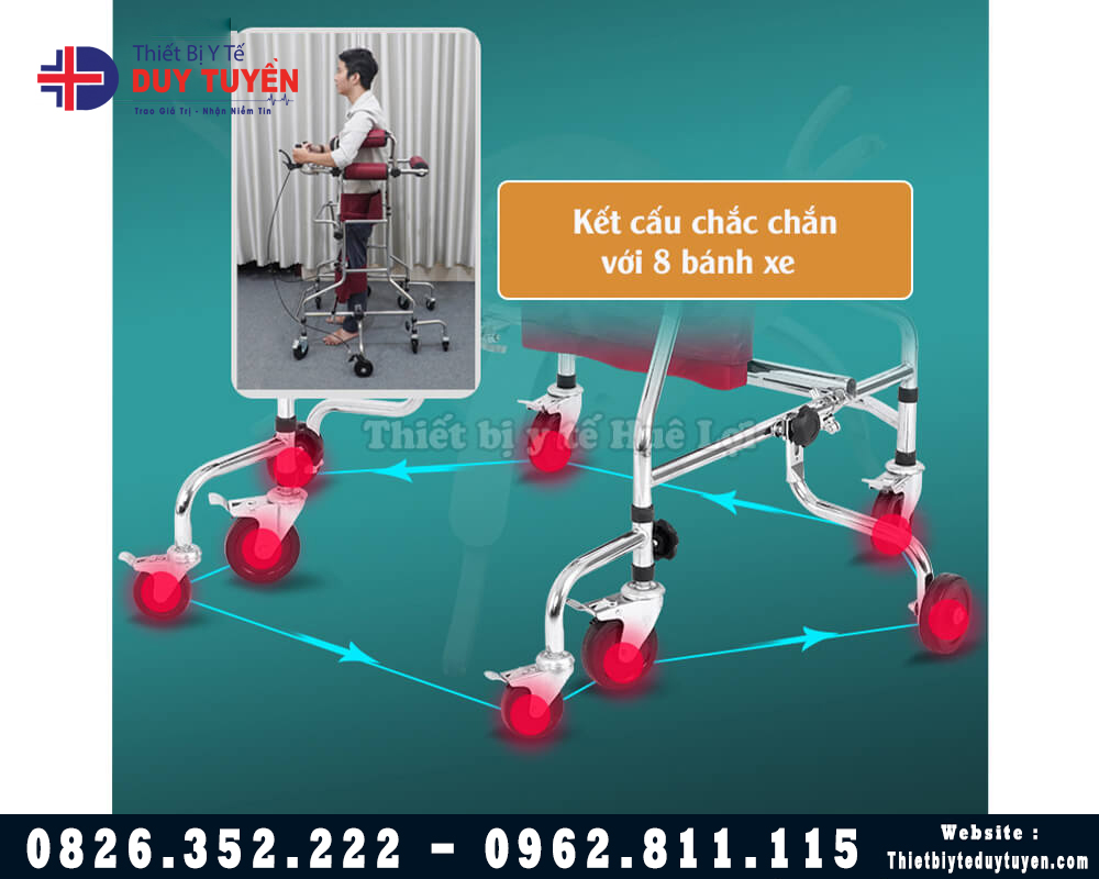 Khung Tập Đứng, Thiết Bị Tập Đi Phục Hồi Chức Năng Cho Người Liệt Hoặc Tai Biến 8 Bánh Xe Inox An Toàn Tải Trọng 250Kg