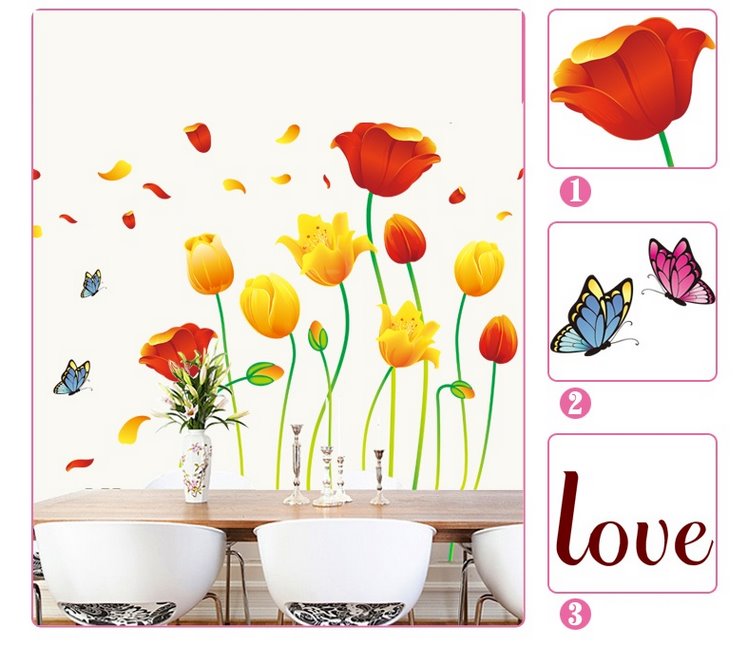 Decal trang trí tường hoa tulip sắc màu - decal trang trí phòng khách - phòng ngủ - khách sạn Binbin PK35