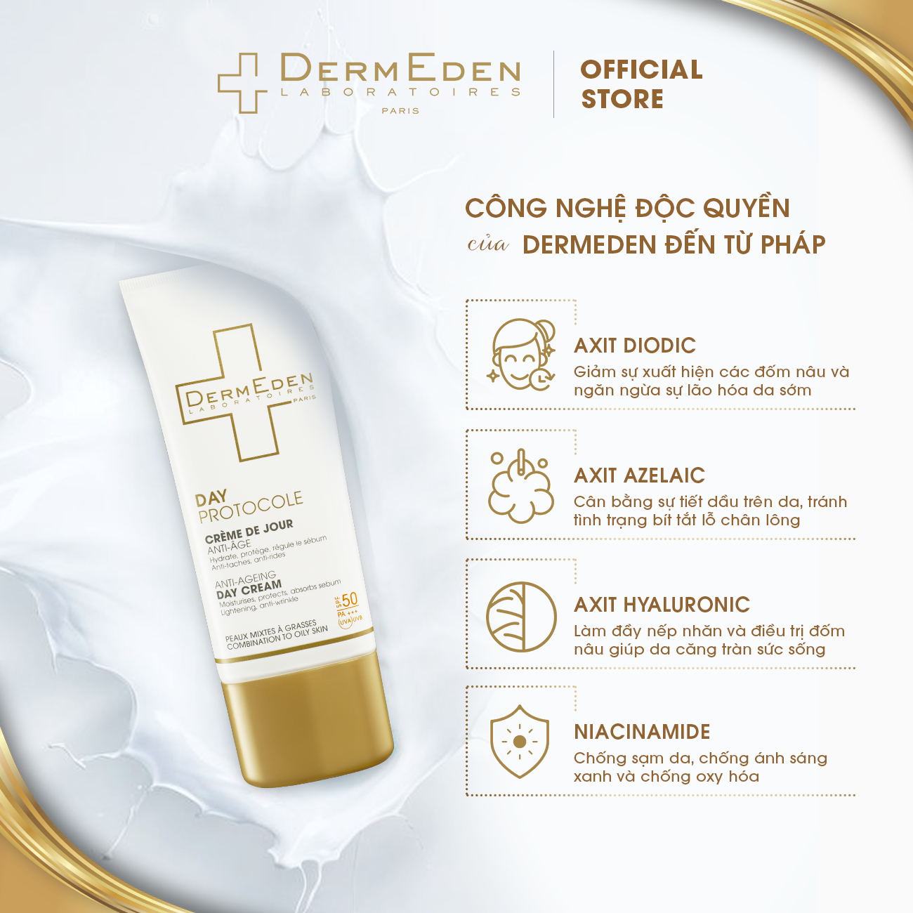 Kem Chống Nắng SPF50 PA+++ có kết hợp dưỡng ẩm ban ngày cho da dầu DERMEDEN chống lão hóa mờ đốm nâu 4 trong 1 50ml