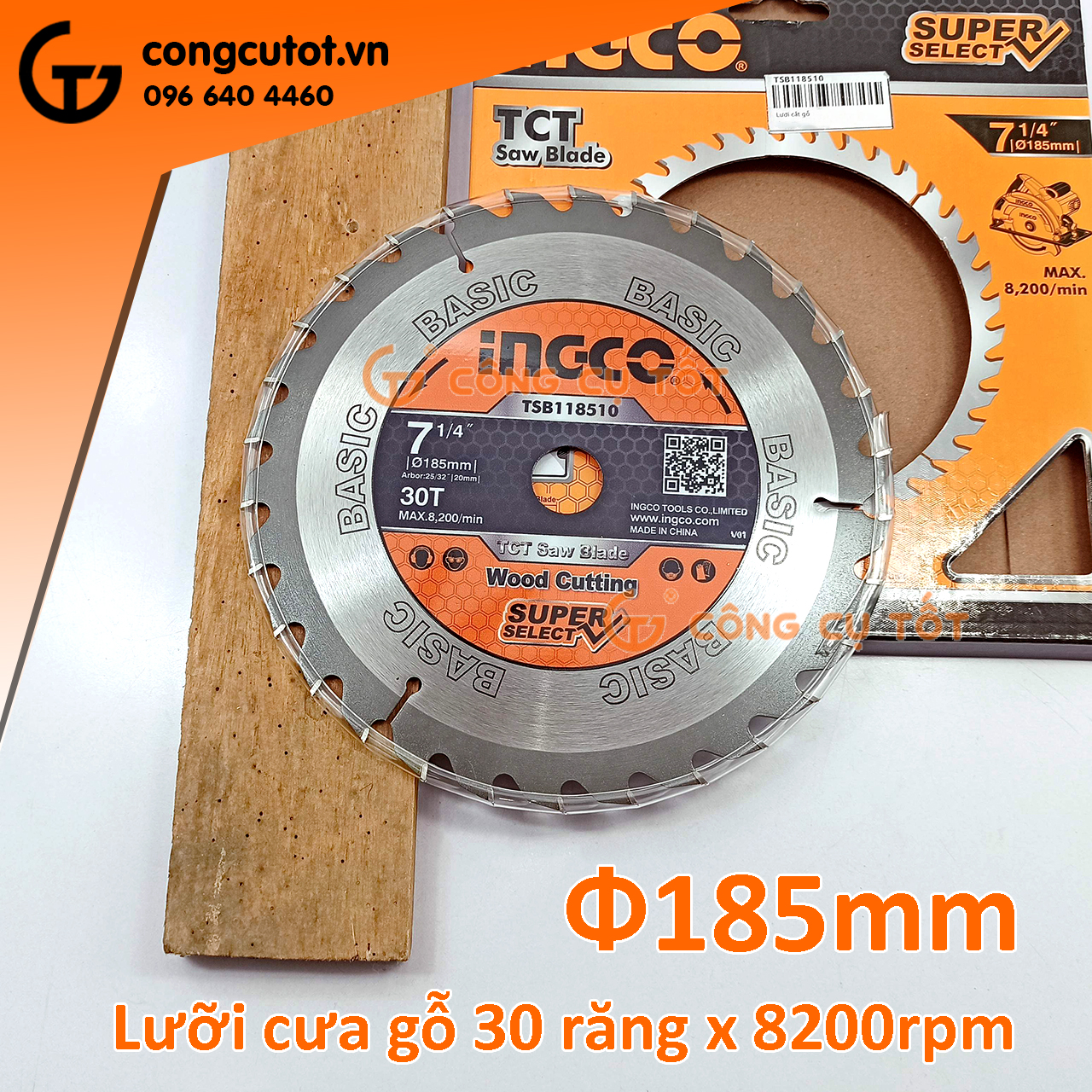 Lưỡi cắt gỗ Ø185mm 30 răng hợp kim TCT 8200rpm INGCO TSB118510