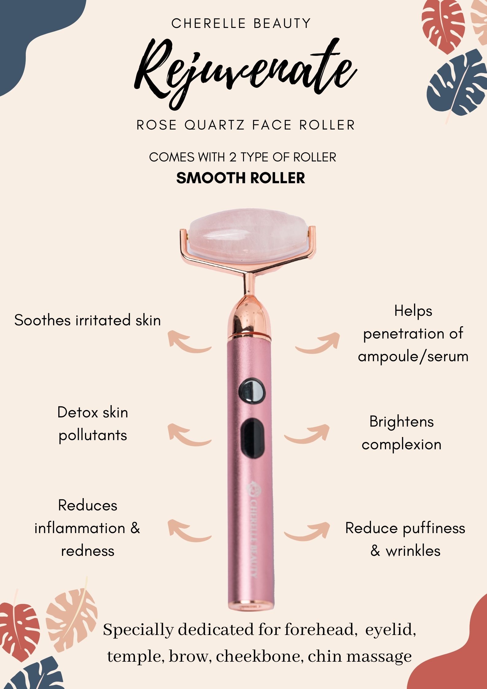 Thanh lăn massage thạch anh hồng Rejuvenate Face Roller 100% tự nhiên giúp thẩm thấu tinh chất, cải thiện độ đàn hồi, nâng cơ và săn chắc da