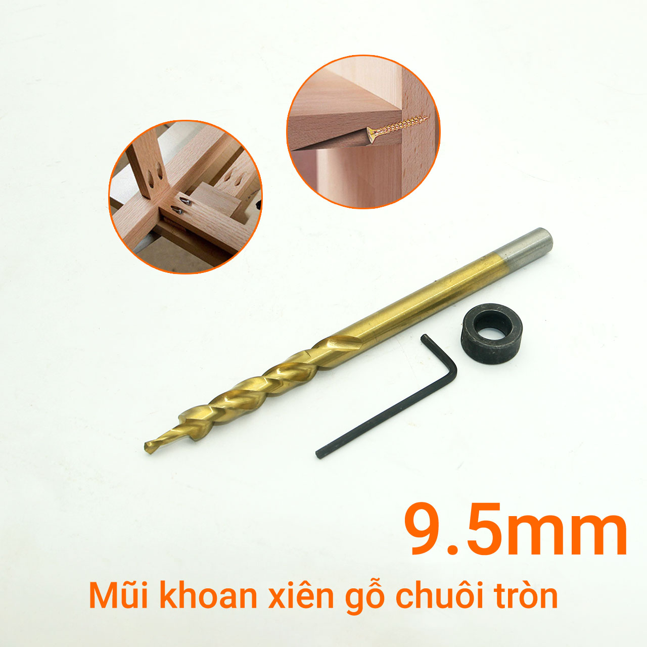 Mũi khoan xiên gỗ 9.5mm x 160mm phủ titan vàng chuôi tròn