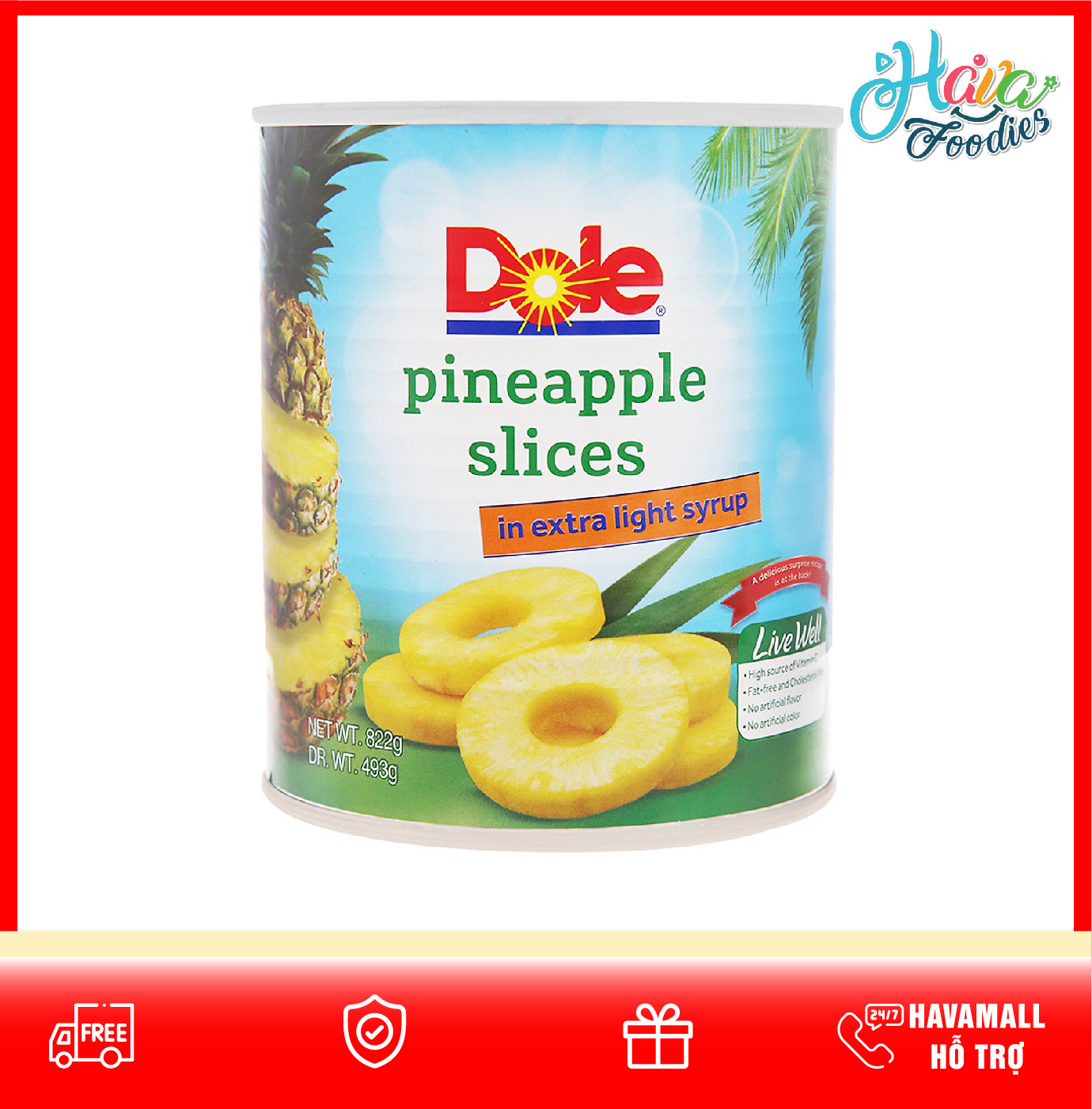 Dứa tươi nguyên lát đóng lon Dole - Dole Pineapple Slices In Extra Light Syrup 822g