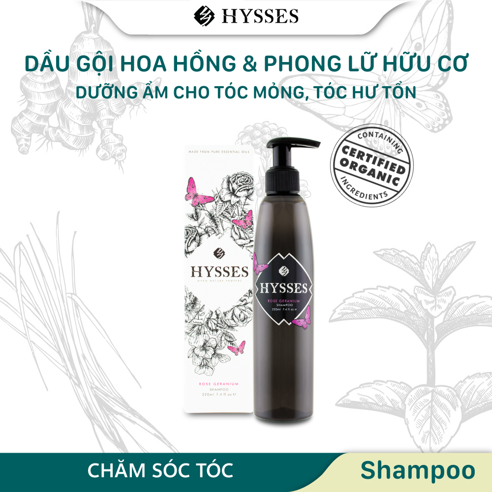 Dầu gội Tinh Dầu Cao Cấp Hysses Hỗ Trợ Tóc Hư Tổn, Giúp Dưỡng Ẩm Cho Tóc Luôn Mềm Mượt, An Toàn Cho Da Đầu Với Hoa Hồng và Hoa Phong Lữ Hữu Cơ Tự Nhiên