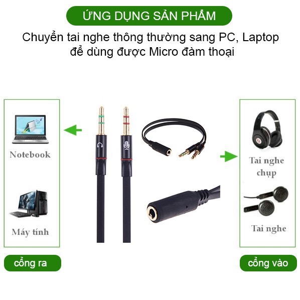 Jack chuyển đổi tai nghe 3.5 sang 2 cong 3.5 Audio &amp; Mic dùng trên laptop máy tính