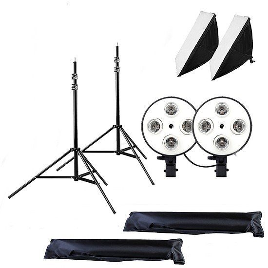 02 Softbox quay phim đuôi Sứ 4 chuôi 50x70cm - 02 Chân đèn 2m
