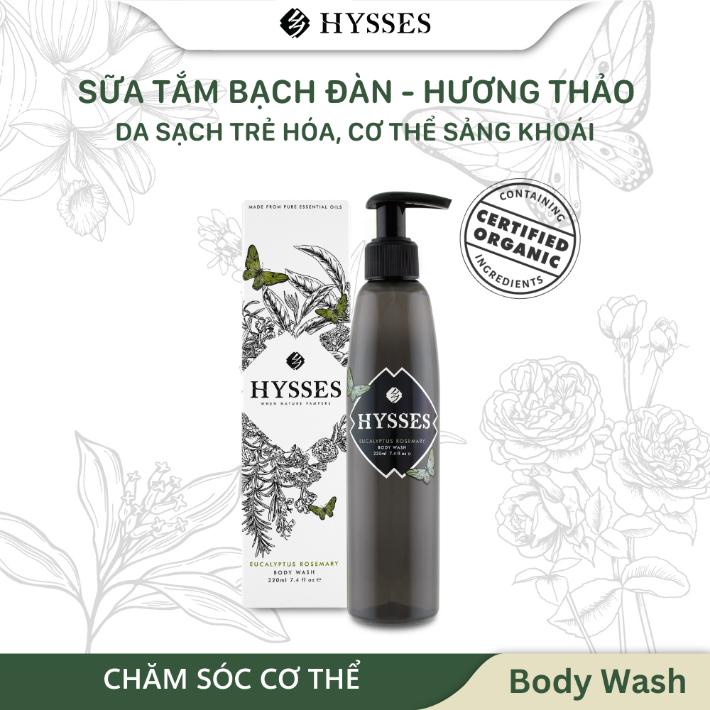 Sữa Tắm Tinh Dầu Hữu Cơ Cao Cấp Hysses Phù Hợp Cho Da Mụn Làm Sạch Chuyên Sâu, Giúp Tăng Cường Sức Đề Kháng Cho Da Với Bạch Đàn và Hương Thảo Hữu Cơ Tự Nhiên