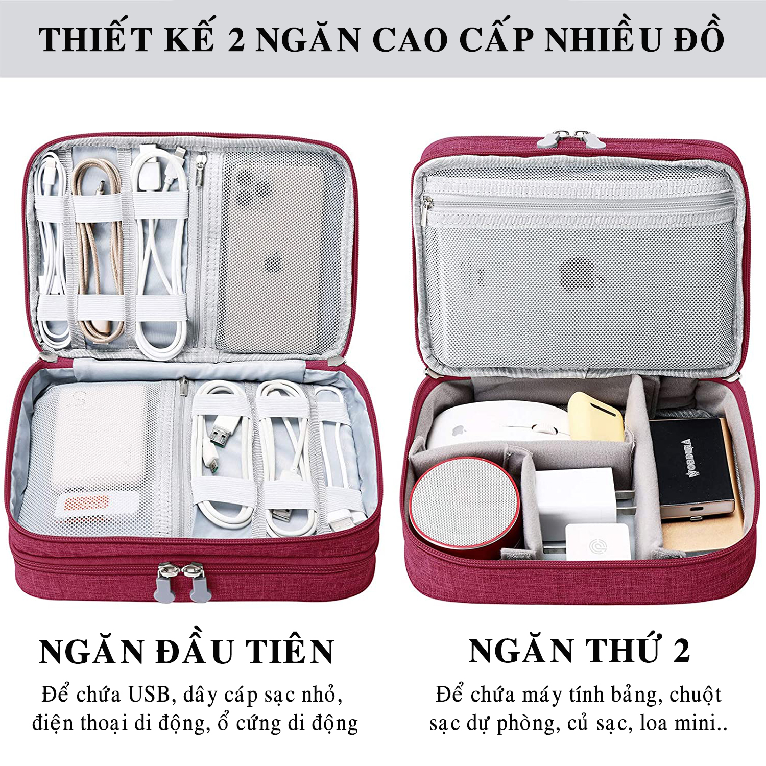 Túi Đựng Phụ Kiện Điện Thoại 2 Ngăn Lớn Cải Tiến Nhiều Ngăn Chống Nước, Chống Sốc – Túi Bảo Vệ Phụ Kiện Máy Tính Bảng Máy Ảnh Loa Sạc Sự Phòng Cáp Củ Sạc Hàng Chính Hãng Dododios