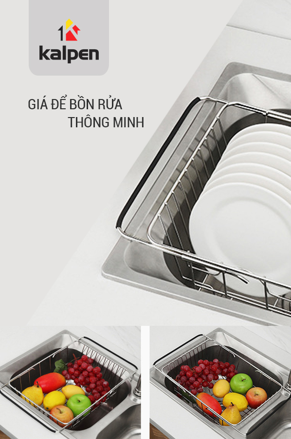 Rổ Gác Inox Trên Chậu Rửa Chén Thông Minh Có Thể Điều Chỉnh Kích Thước  (Kalpen KBRK33) - Hàng Chính Hãng