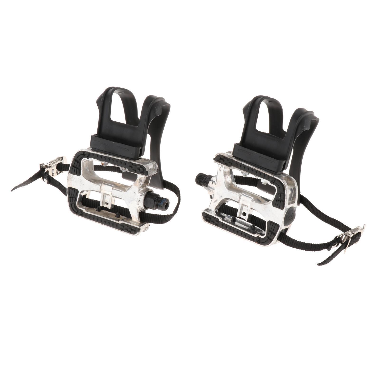 Bike Pedal with Straps and Toe Clips for Outdoor Cycling and Indoor Exercise Bike, Replacement Alloy Multipurpose Bicycle Pedals