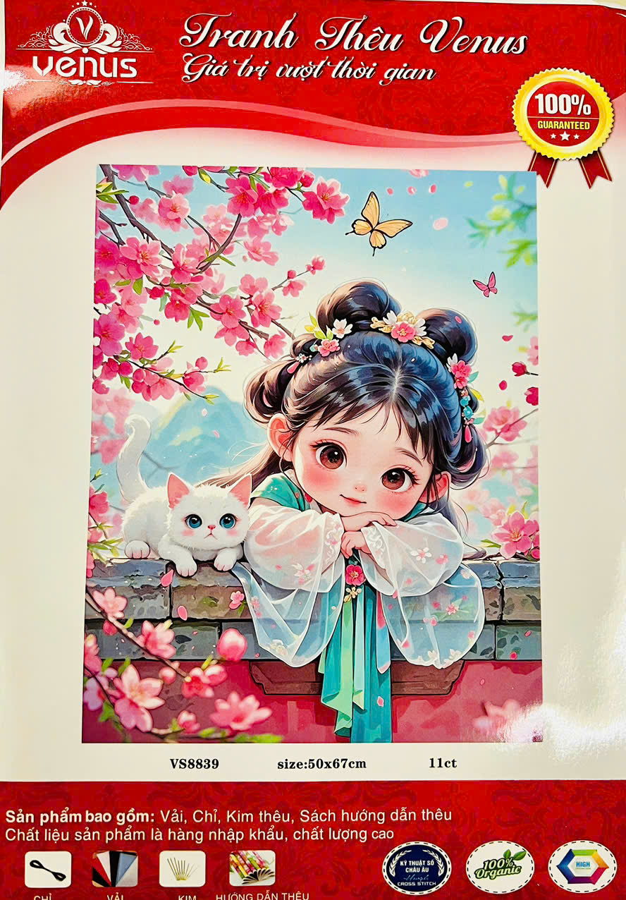 Tranh thêu kín cô gái và mèo vs8839, kích thước 50x67 cm, 11ct thêu 3 sợi