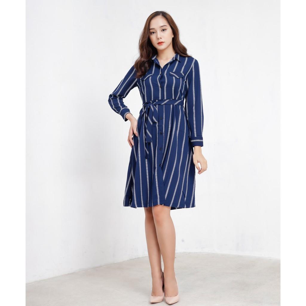 Đầm midi suông cổ sơ mi tay dài Callia