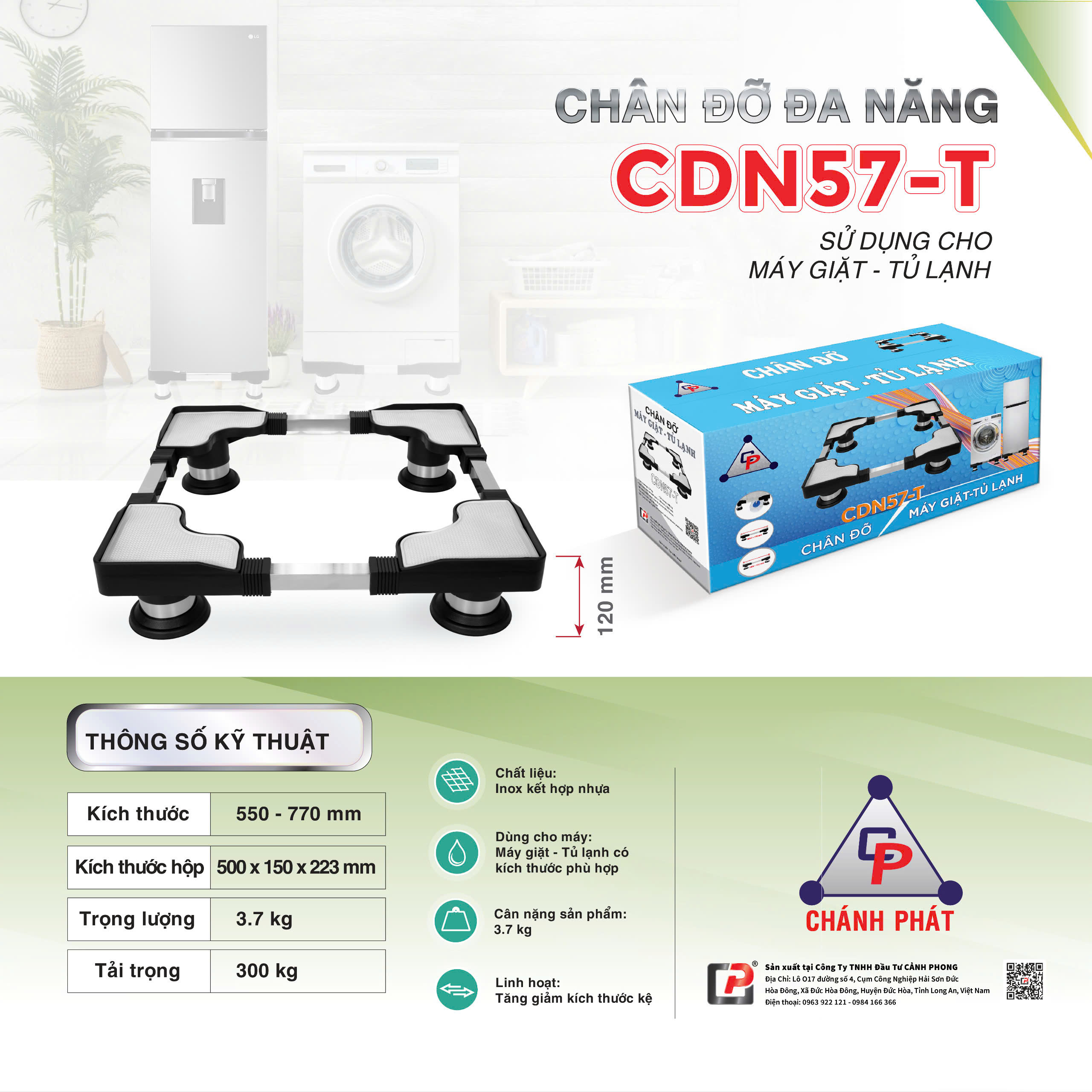 Chân đế tủ lạnh, chân máy giặt đa năng inox cao cấp có thể điều chỉnh kích thước 48-77cm CDN57-T , CTL57-T - Hàng Chính Hãng