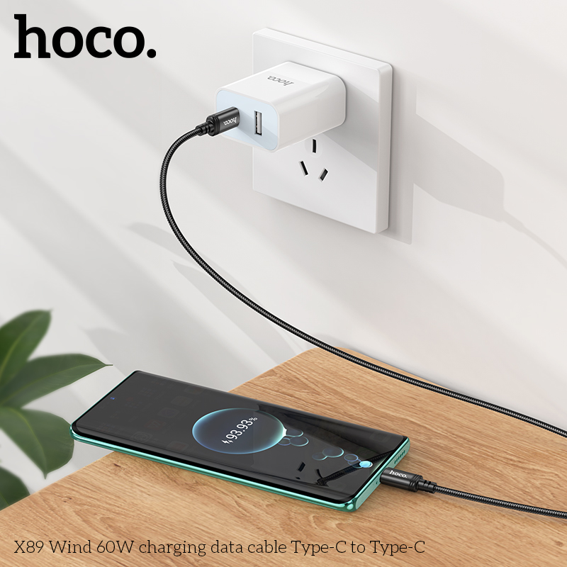 Dây cáp sạc nhanh Hoco X89 Type-C to Type-C PD60W truyền dữ liệu, dây bọc dù chống đứt 1M hàng chính hãng Hoco Mall