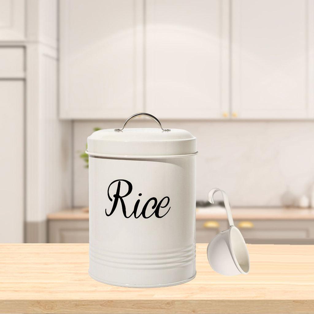 Rustic White Metal Kitchen Food Rice Storage Tin Jar 3L Container with Lid
