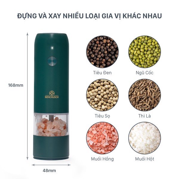 Combo 2 Máy Xay Tiêu Tự Động Bằng Điện Benchusch Trắng/ Đen/ Đỏ/ Xanh