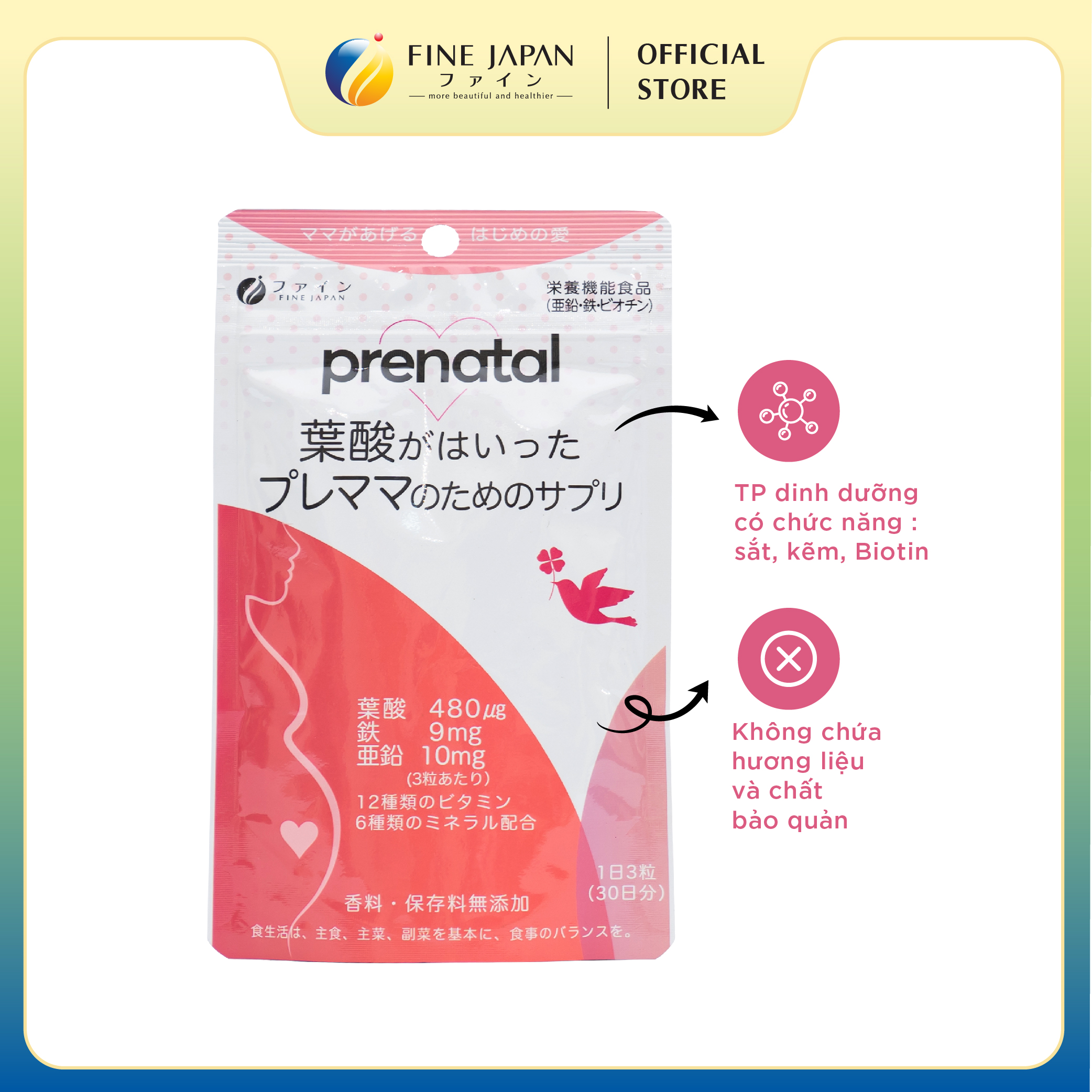 Vitamin bà bầu Prenatal FINE JAPAN 12 loại vitamin & 6 loại khoáng chất (90 Viên cho 30 ngày dùng)