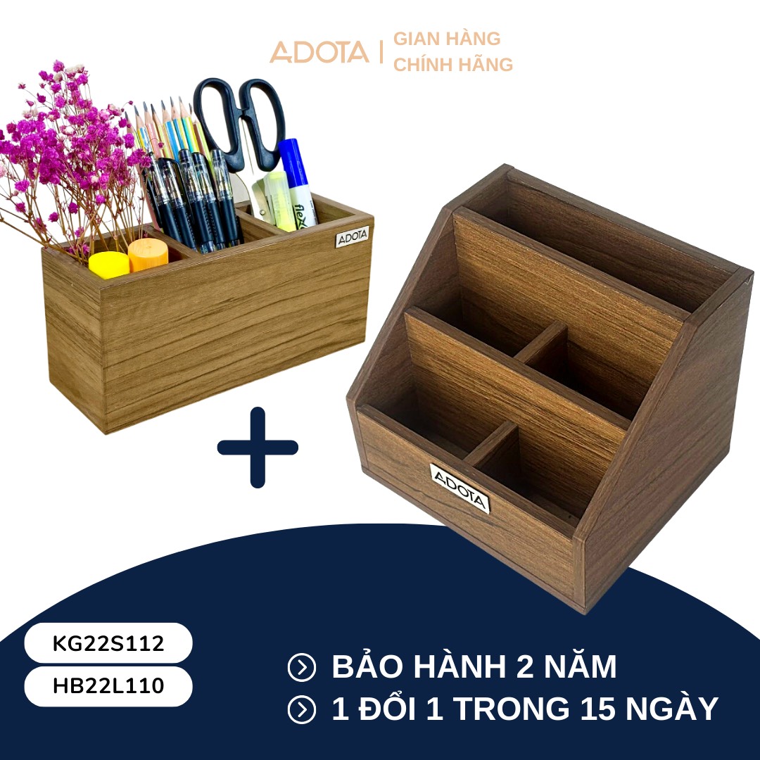 Combo: Kệ gỗ KG22S112 để bàn và hộp cắm bút 3 ngăn HB22L110 phong cách hiện đại sang trong ADOTA