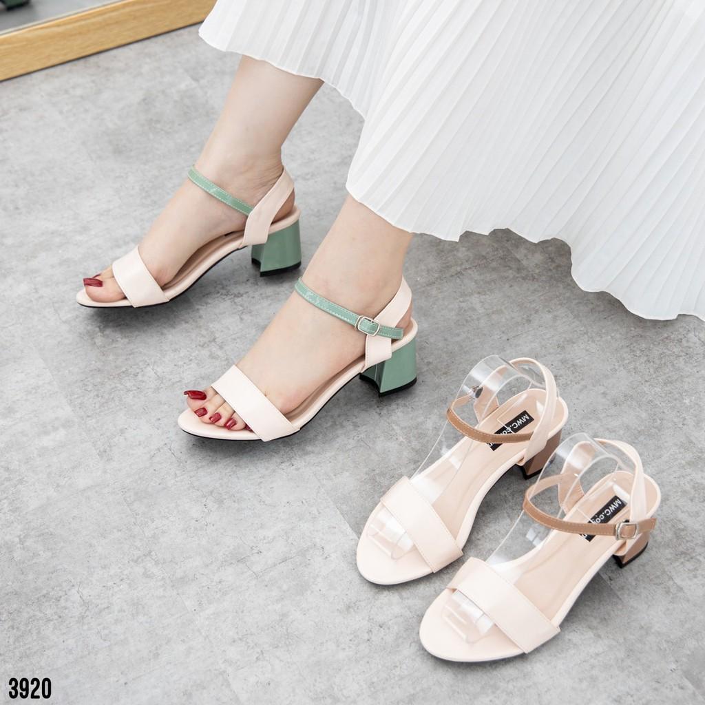 Giày sandal cao gót nữ MWC mũi tròn gót vuông cao 5CM quai ngang mix màu nâu xanh siêu xinh NUCG-3920