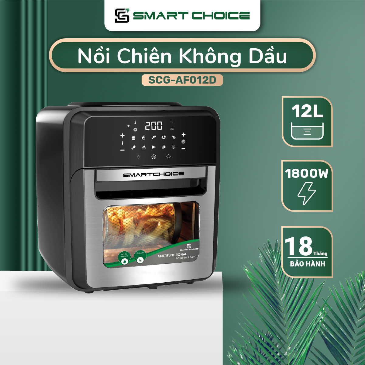 Nồi Chiên Không Dầu Điện Tử SMARTCHOICE SCG-AFO12D | 16D 12L-16L Cao Cấp - 10 Chế Độ Nấu ( Công Suất 1800W ), Lò Chiên Không Dầu Cảm Ứng, Đầy Đủ Phụ Kiện Đa Năng - Bảo Hành CHÍNH HÃNG 18 tháng