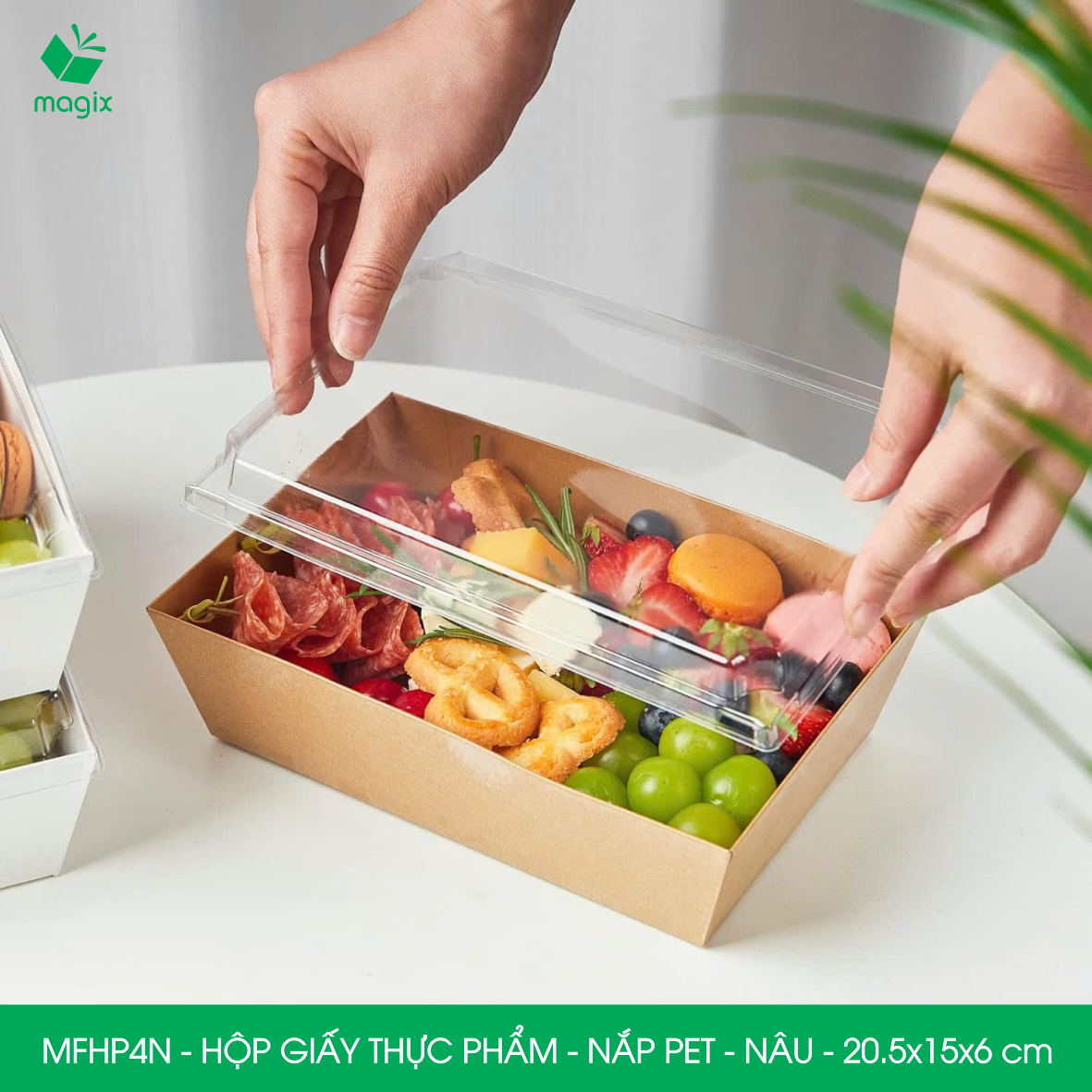 MFHP4N - 20.5x15x6 cm -100 hộp giấy kraft thực phẩm màu nâu nắp Pet, hộp giấy chữ nhật đựng thức ăn, hộp bánh nắp trong