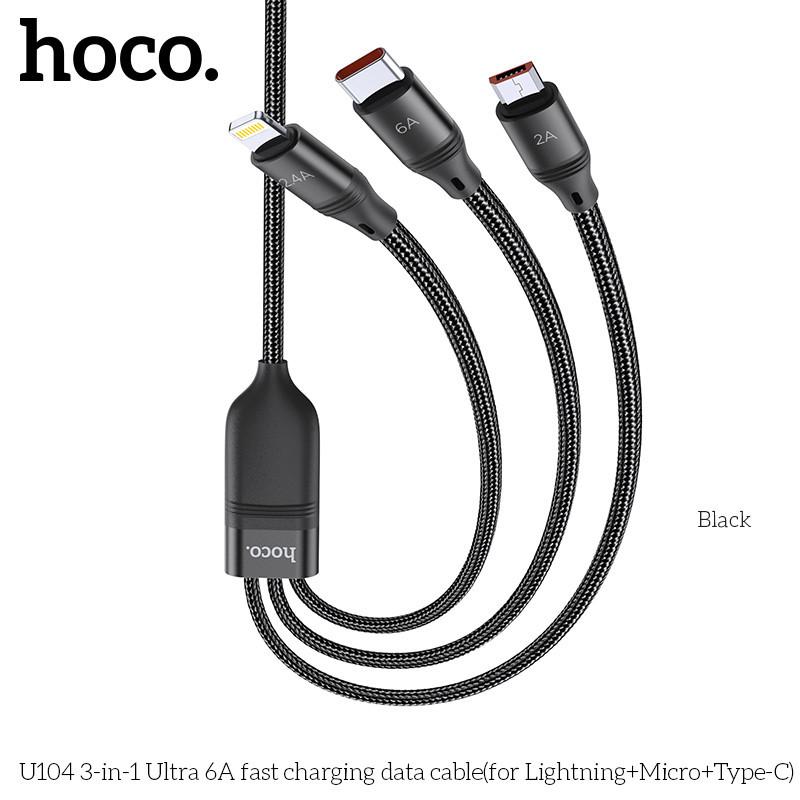Cáp sạc nhanh 3 đầu 6A 66W bọc dù Hoco U104 1m2, dây sạc lõi hợp kim nhôm hàng chính hãng