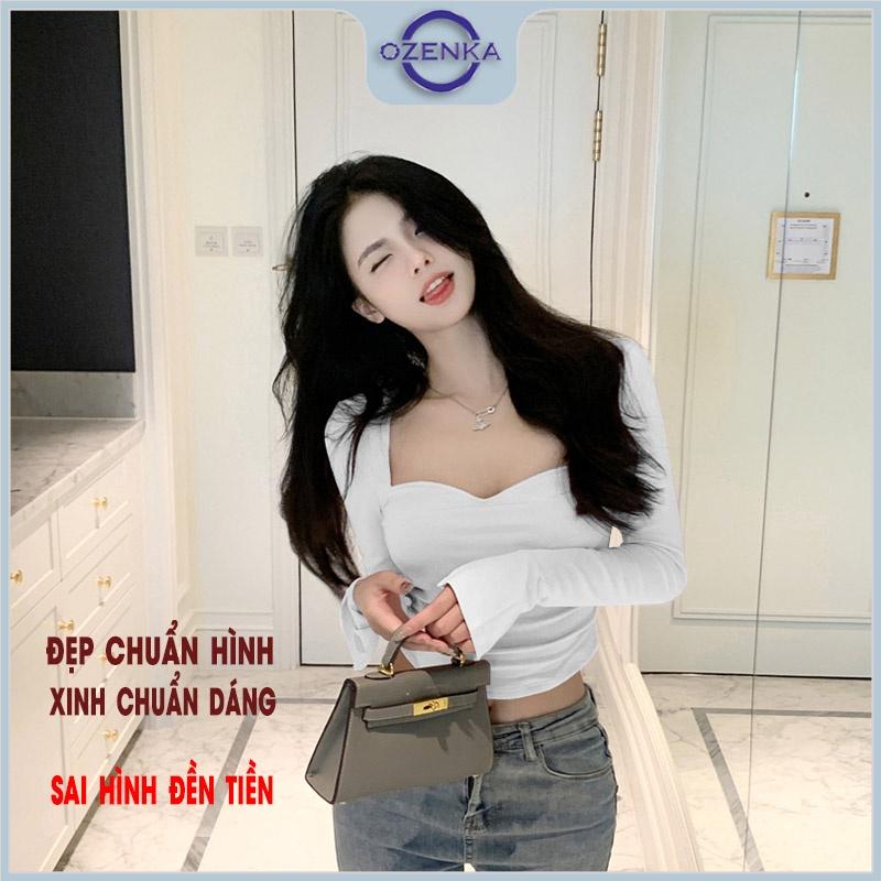 Áo croptop cổ vuông tay dài vạt bầu nhún eo OZENKA , ao crt loptop ôm body cotton màu đen trắng dưới 55 cân