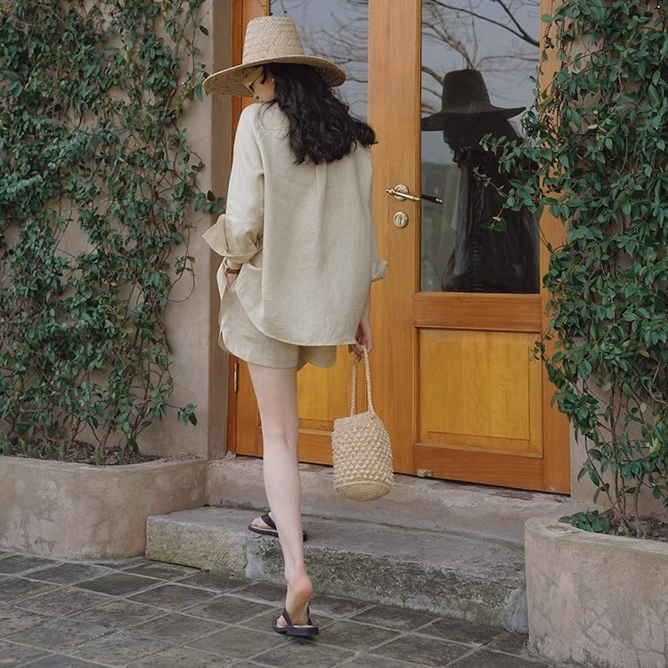 Bộ sơ mi nữ màu be nhẹ nhàng phong cách vintage Hàn Quốc, chất linen mềm mát Đũi Việt DV05