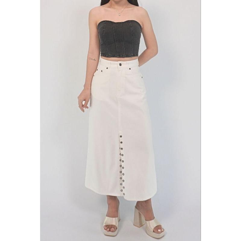 Chân váy jean dài V3, váy bò rộng bụng phong cách, váy jean dáng dài cạp cao thanh lịch thương hiệu Samma Jeans