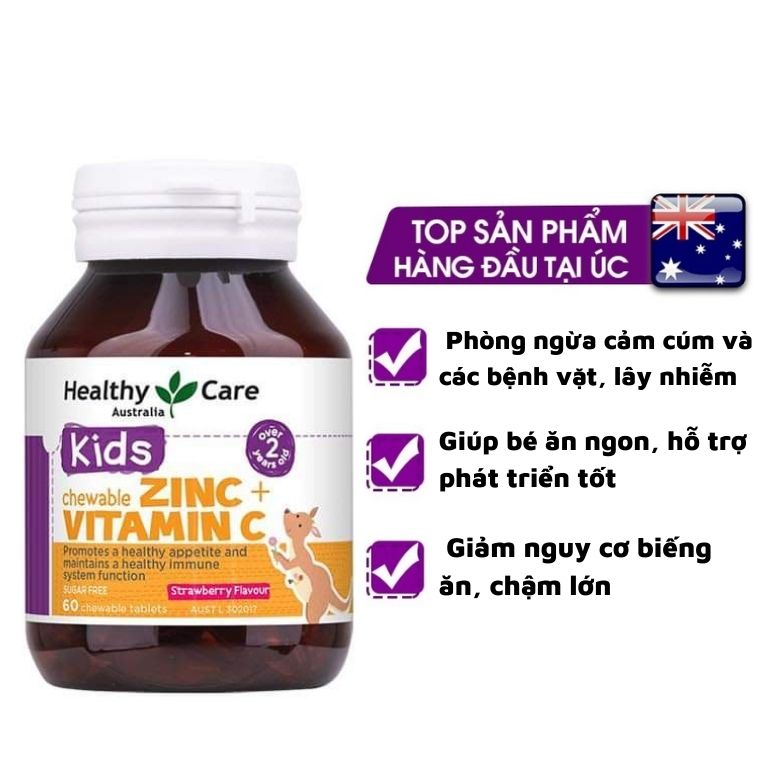 Kẽm cho bé Úc Healthy Care Kids Chewable Zinc + Vitamin C Hỗ trợ tăng trưởng, phát triển sức khỏe và hệ thống miễn dịch cho trẻ - QuaTangMe Extaste