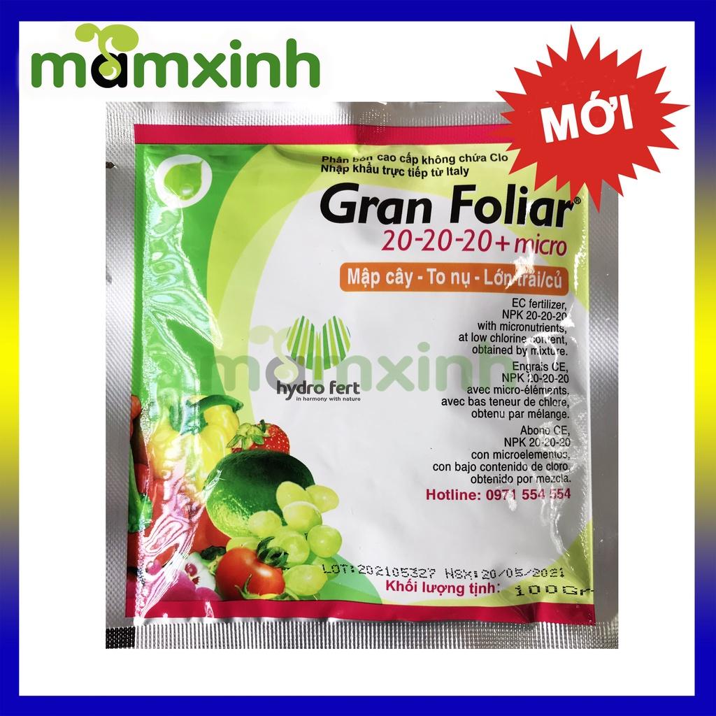 Phân Bón Lá Vi Lượng NPK 20-20-20 Gran Foliar Nhập Khẩu Ý Gói 100g, Phân Bón Lá Siêu Vọt Đọt, Mập Đọt, Xanh Lá, Dày Lá