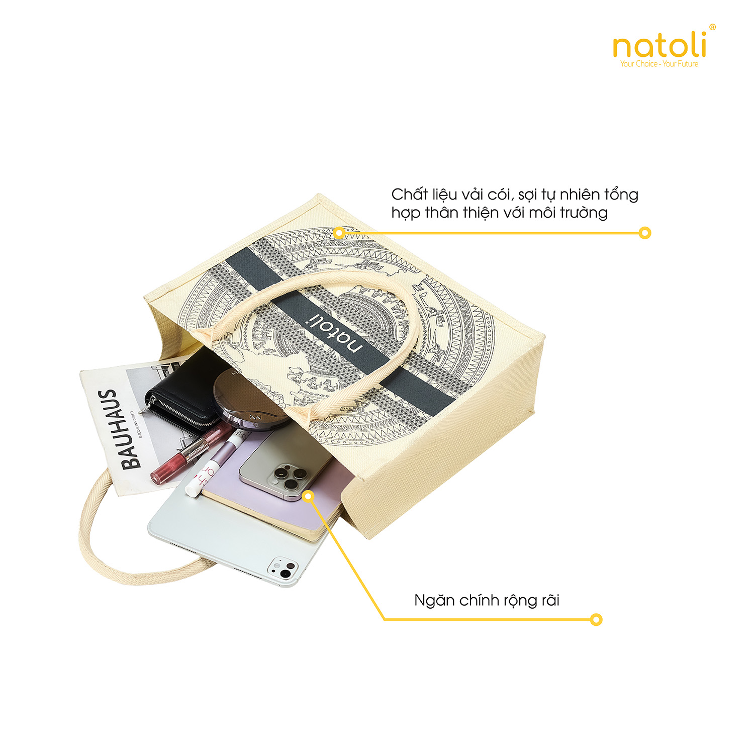 Túi cói vintage, túi đi biển NATOLI đi du lịch, đi chơi có khóa kéo đựng đồ tiện lợi BST Artisan Eco Jute Tote T36