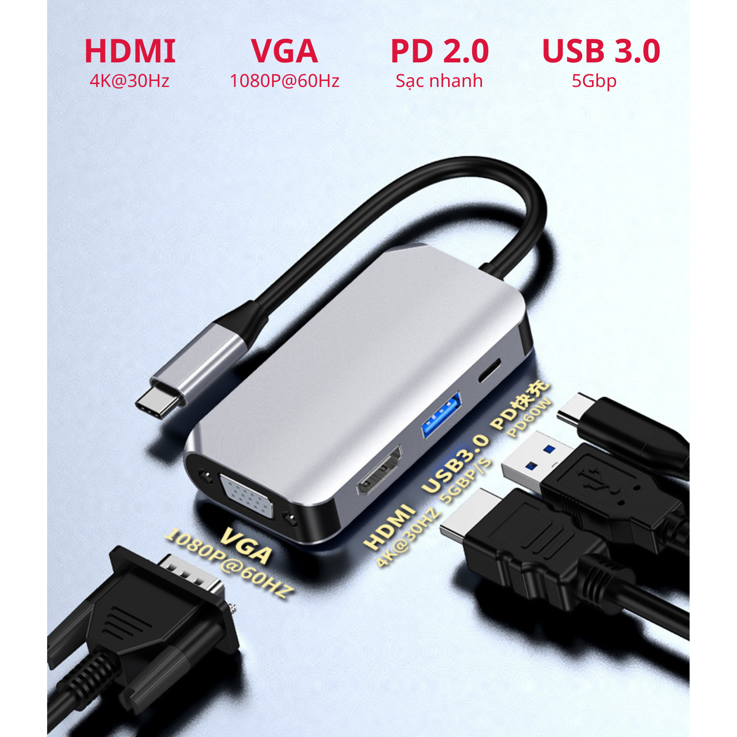 Hub Chuyển Đổi Type-C Chia 4 Cổng (4 in 1) HDMI/VGA/PD 2.0/USB 3.0 - Hàng Chính Hãng Tamayoko