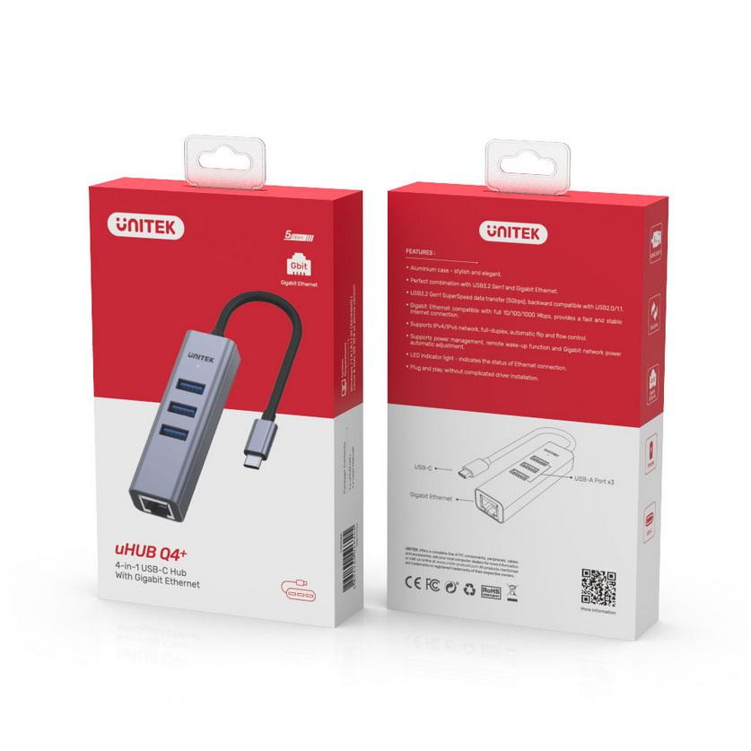 CÁP TYPE-C -&gt; 3 USB 3.0 + LAN UNITEK H1904A - HÀNG CHÍNH HÃNG