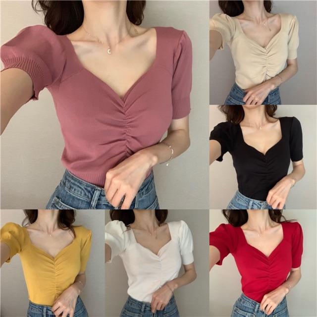 Áo len croptop rúm ngực tay bồng