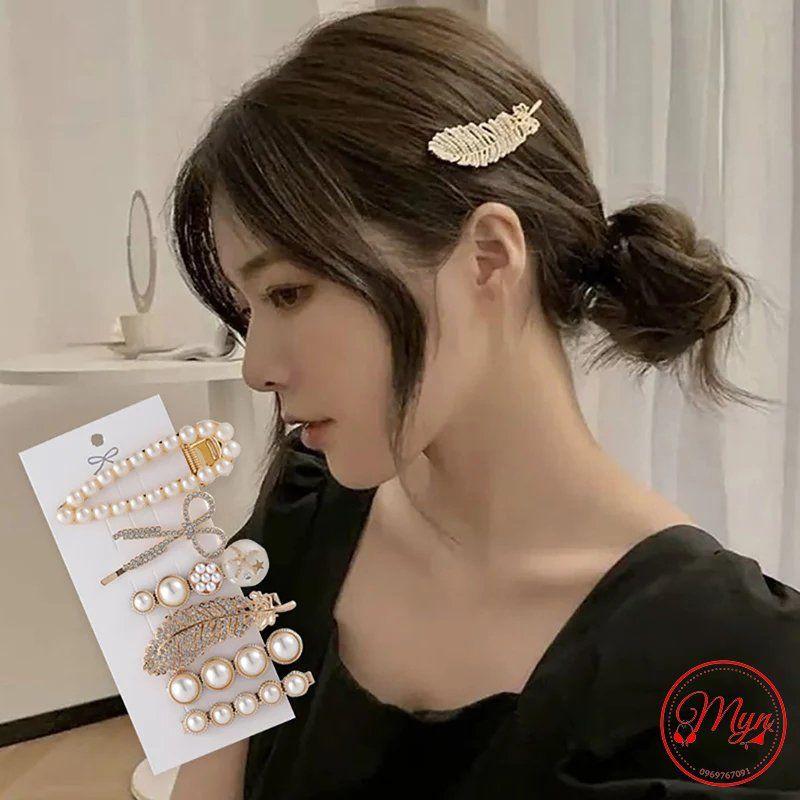 SET KẸP TÓC MẠ VÀNG ĐÍNH NGỌC TRAI NHÂN TẠO 6 MÓN