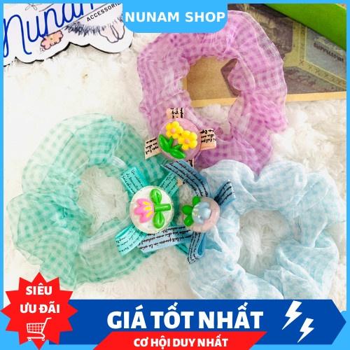 Cột tóc crunchies vải von lụa caro nơ hoa thời trang - Nunam shop đồ cột tóc đẹp, cute, cao cấp