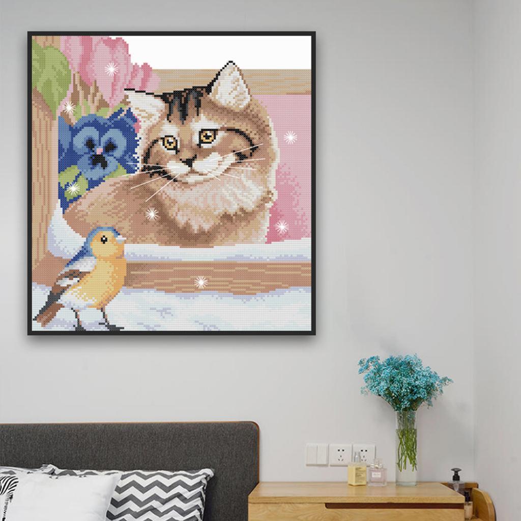 Beginners Kids Floral Cat Bird Stamped Cross Stitch Kit Accurate Home Decor 11CT